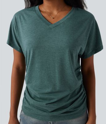 V-neck Short Sleeve Ruched Relaxed Casual Top