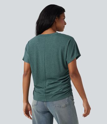 V-neck Short Sleeve Ruched Relaxed Casual Top