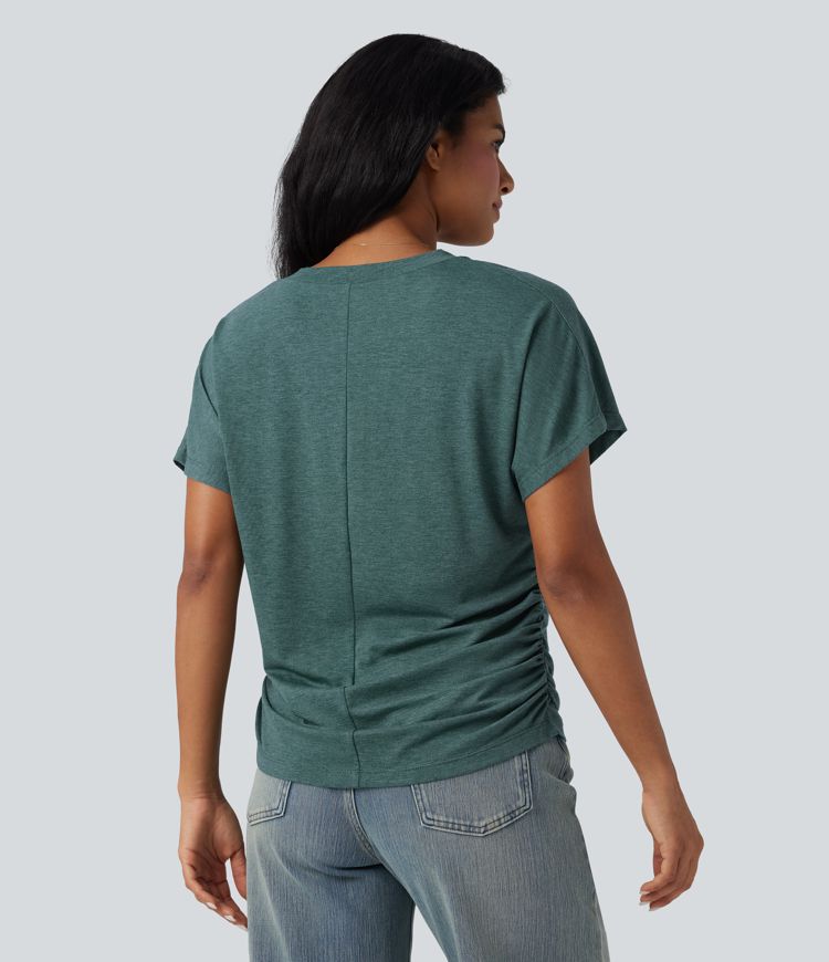 V-neck Short Sleeve Ruched Relaxed Casual Top