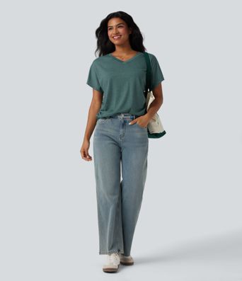 V-neck Short Sleeve Ruched Relaxed Casual Top