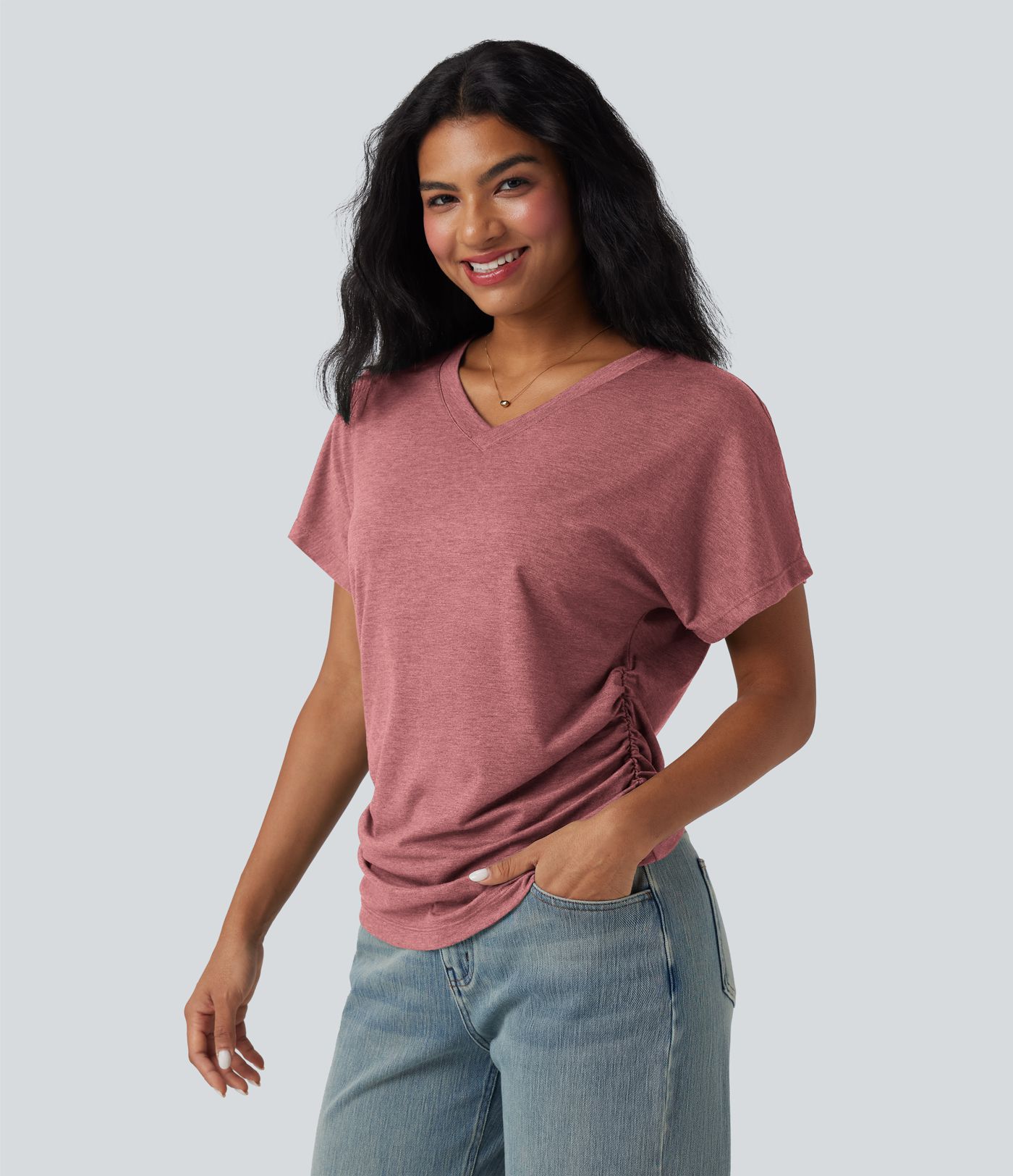 V-neck Short Sleeve Ruched Relaxed Casual Top