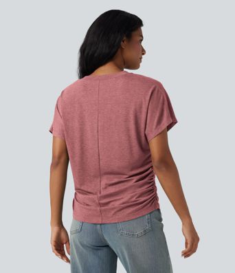 V-neck Short Sleeve Ruched Relaxed Casual Top