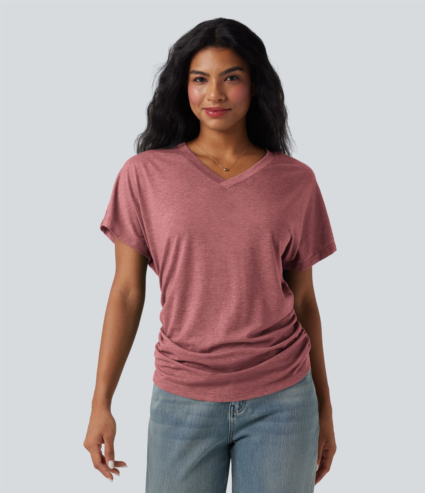 V-neck Short Sleeve Ruched Relaxed Casual Top