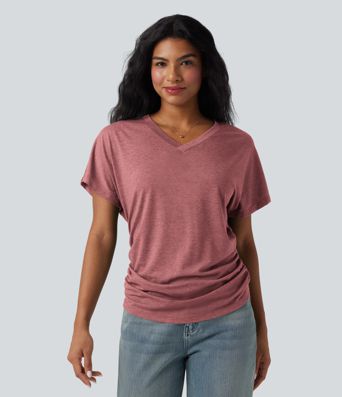 V-neck Short Sleeve Ruched Relaxed Casual Top
