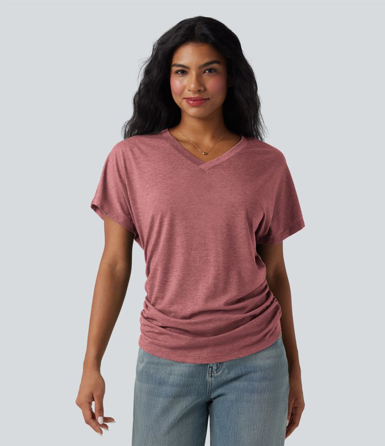 V-neck Short Sleeve Ruched Relaxed Casual Top