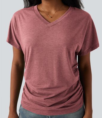 V-neck Short Sleeve Ruched Relaxed Casual Top