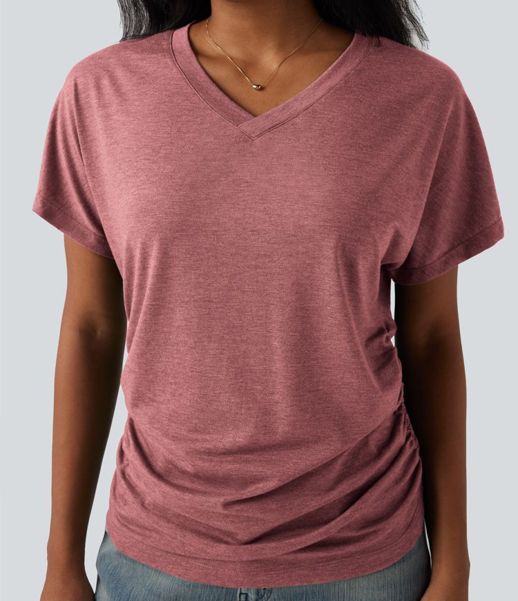 V-neck Short Sleeve Ruched Relaxed Casual Top