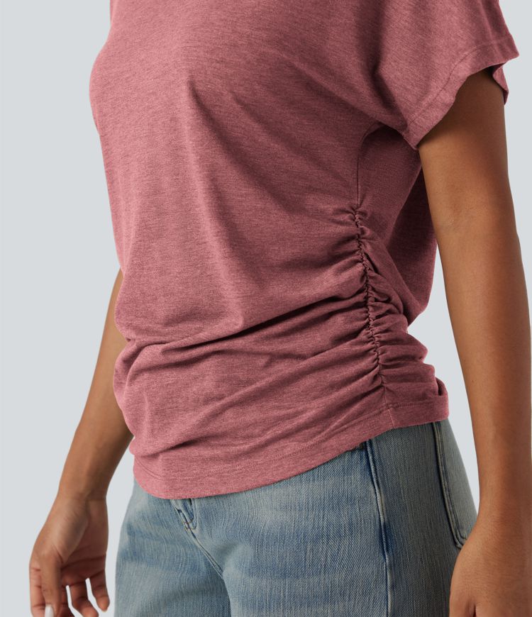 V-neck Short Sleeve Ruched Relaxed Casual Top