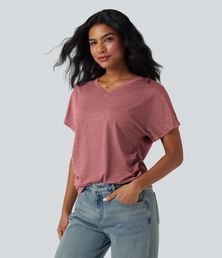 V-neck Short Sleeve Ruched Relaxed Casual Top