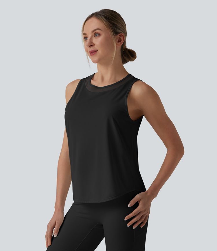 Contrast Mesh Curved Hem Running Tank Top