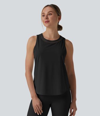 Contrast Mesh Curved Hem Running Tank Top