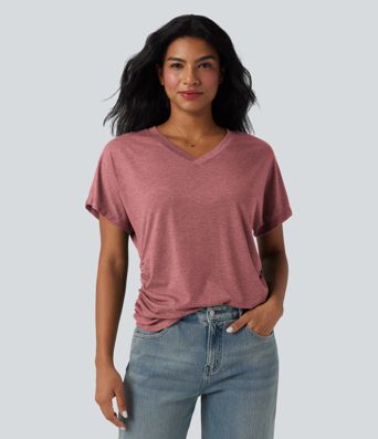 V-neck Short Sleeve Ruched Relaxed Casual Top