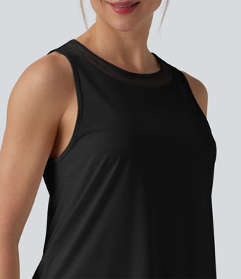 Contrast Mesh Curved Hem Running Tank Top