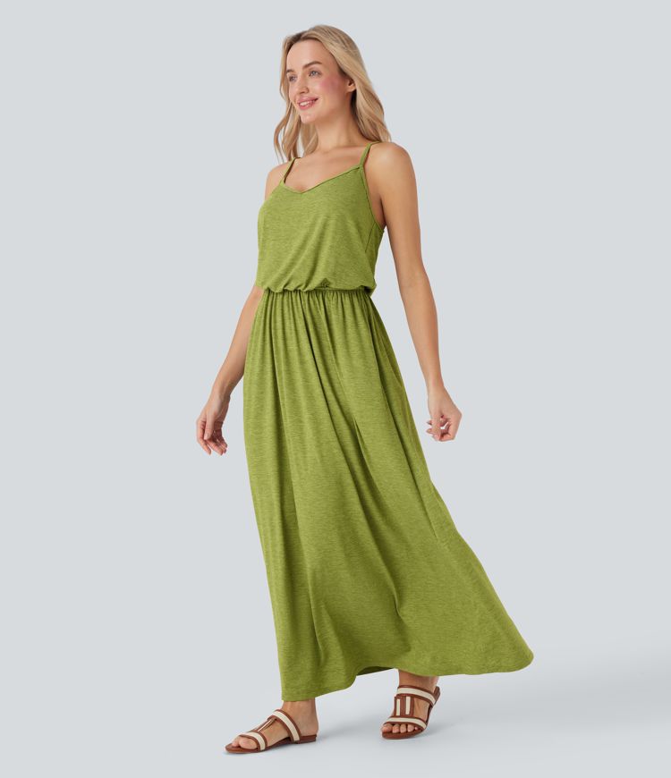 flowy slip dress Women's Adjustable Strap Maxi Resort with Pockets Neon Green Fashion Strapless Color:Sweet Pink inspired print fabric: Satin/Chiffon