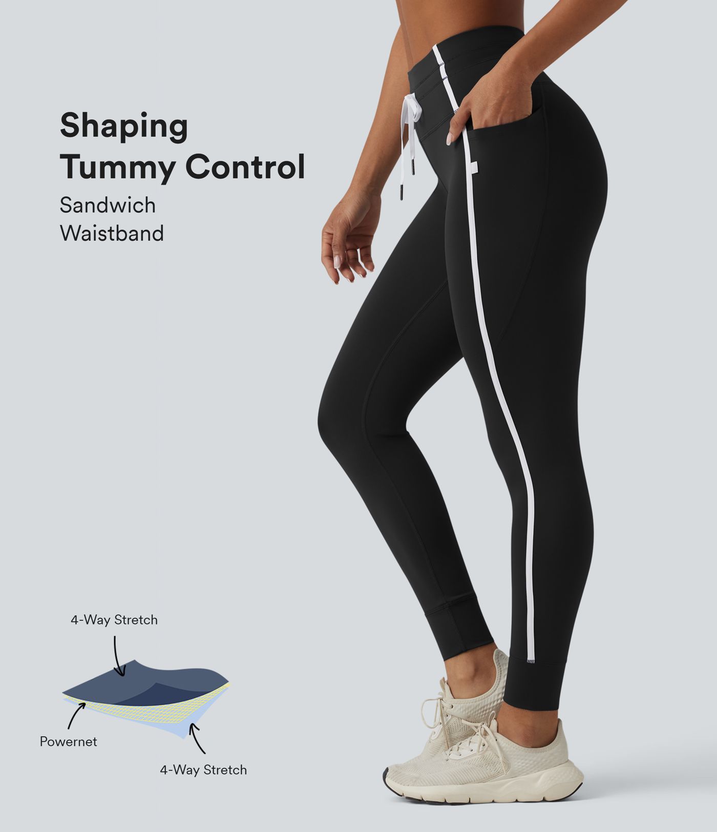 High Waisted Drawstring Tummy Control Color Block Stripe 7/8 Yoga Leggings with Pockets
