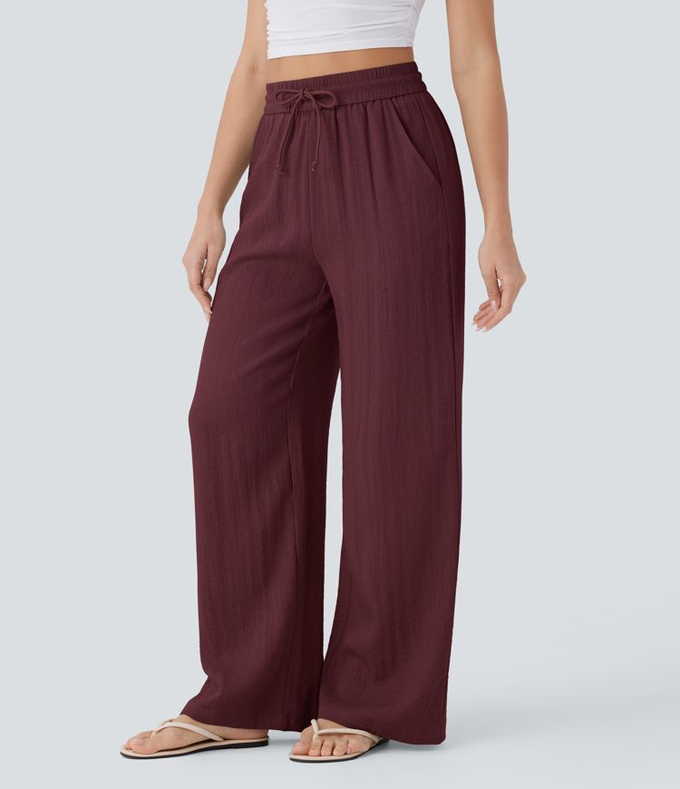 High Waisted Drawstring Pocket Wide Leg Casual Linen-Feel Pants