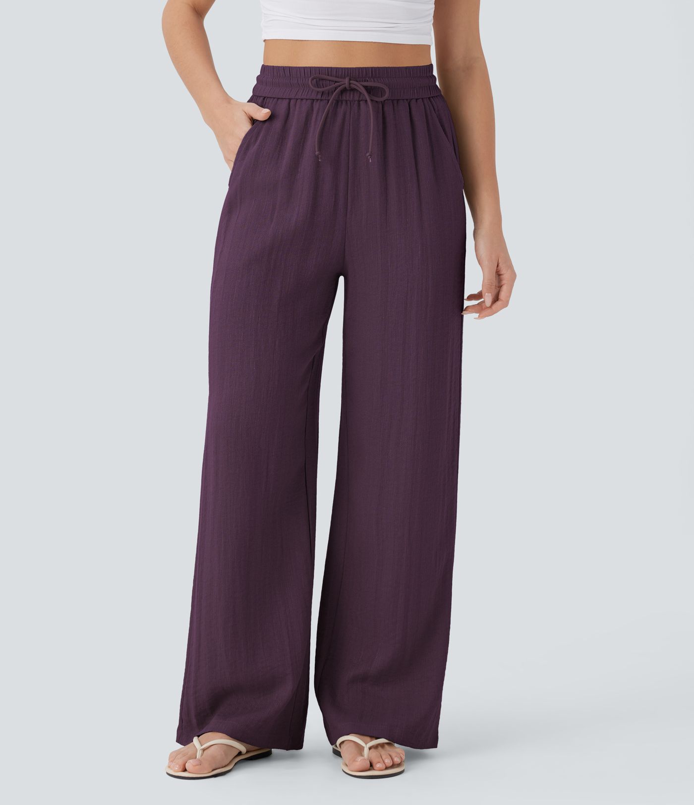 High Waisted Drawstring Pocket Wide Leg Casual Linen-Feel Pants