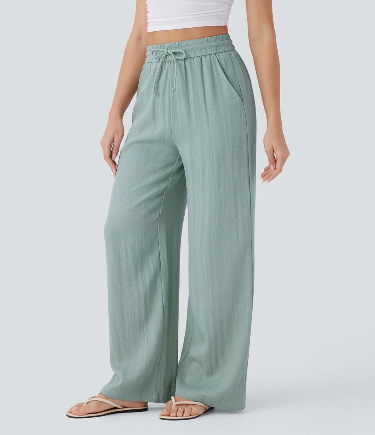 High Waisted Drawstring Side Pocket Wide Leg Casual Linen-Feel Pants