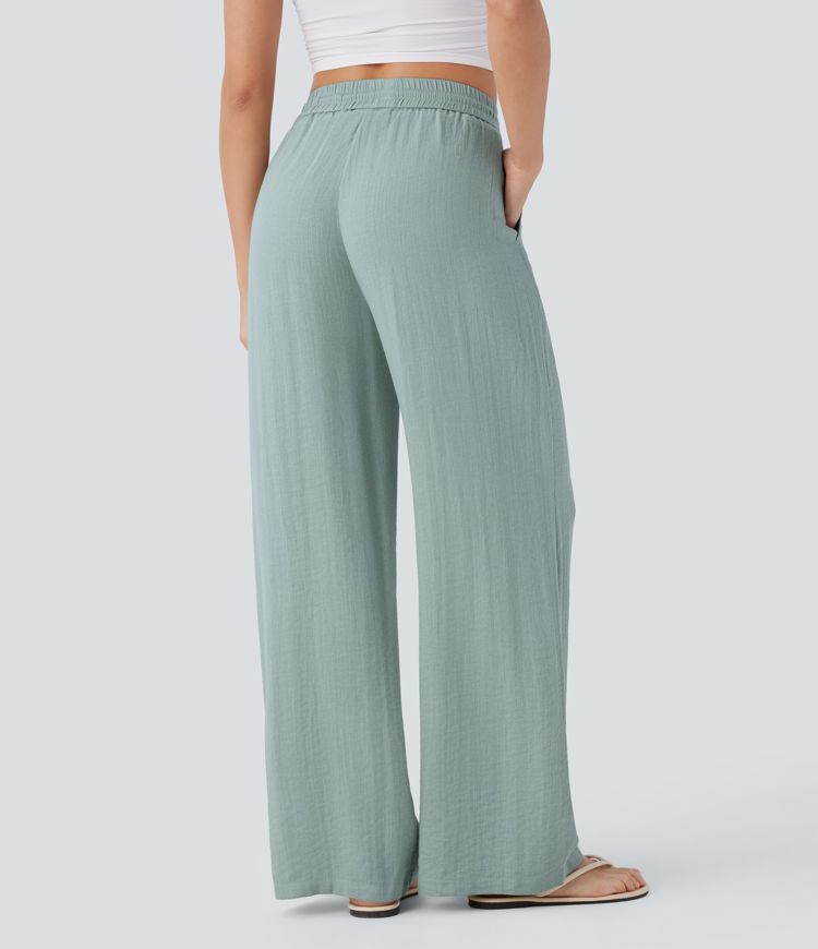 High Waisted Drawstring Side Pocket Wide Leg Casual Linen-Feel Pants
