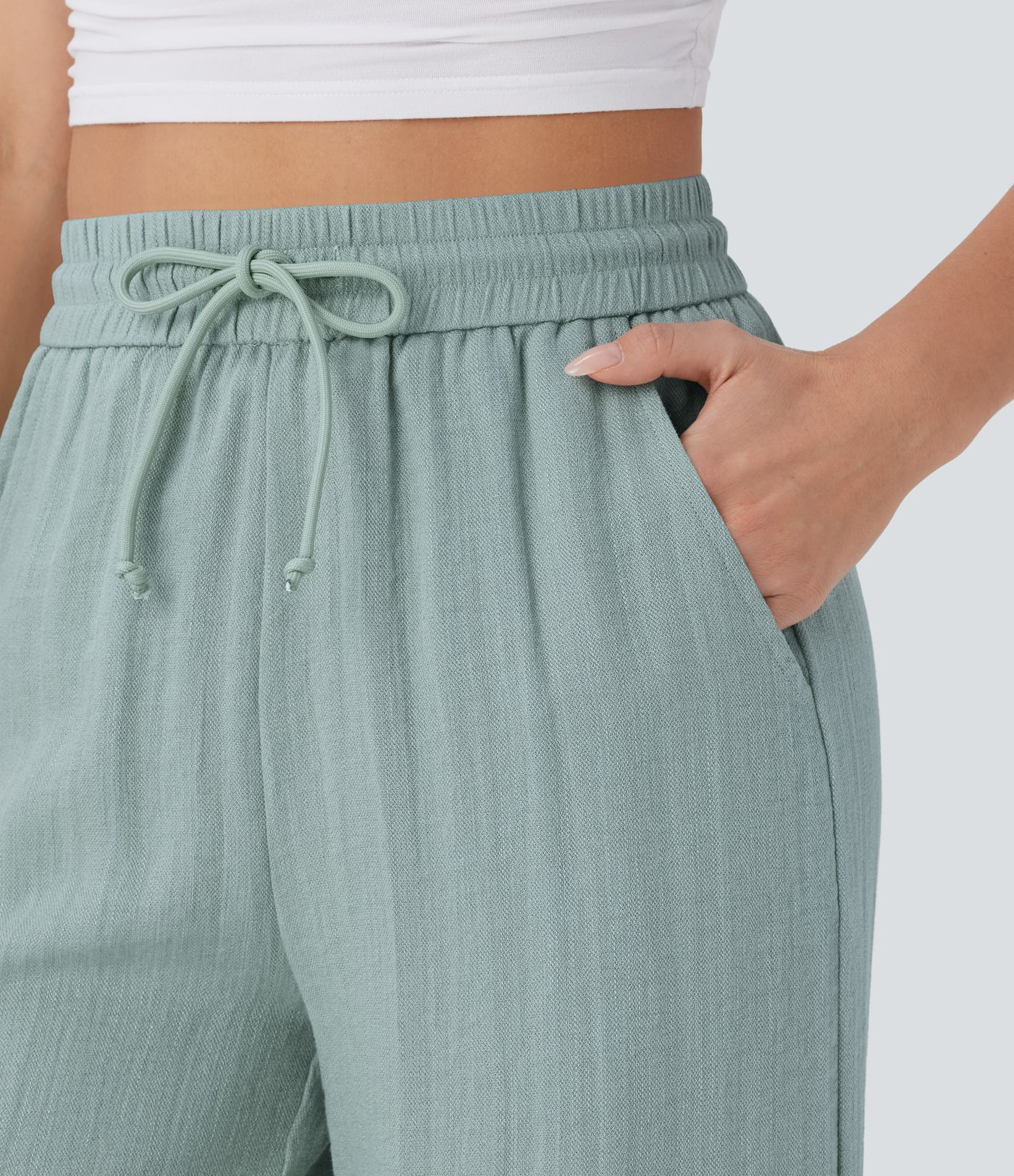 High Waisted Drawstring Side Pocket Wide Leg Casual Linen-Feel Pants