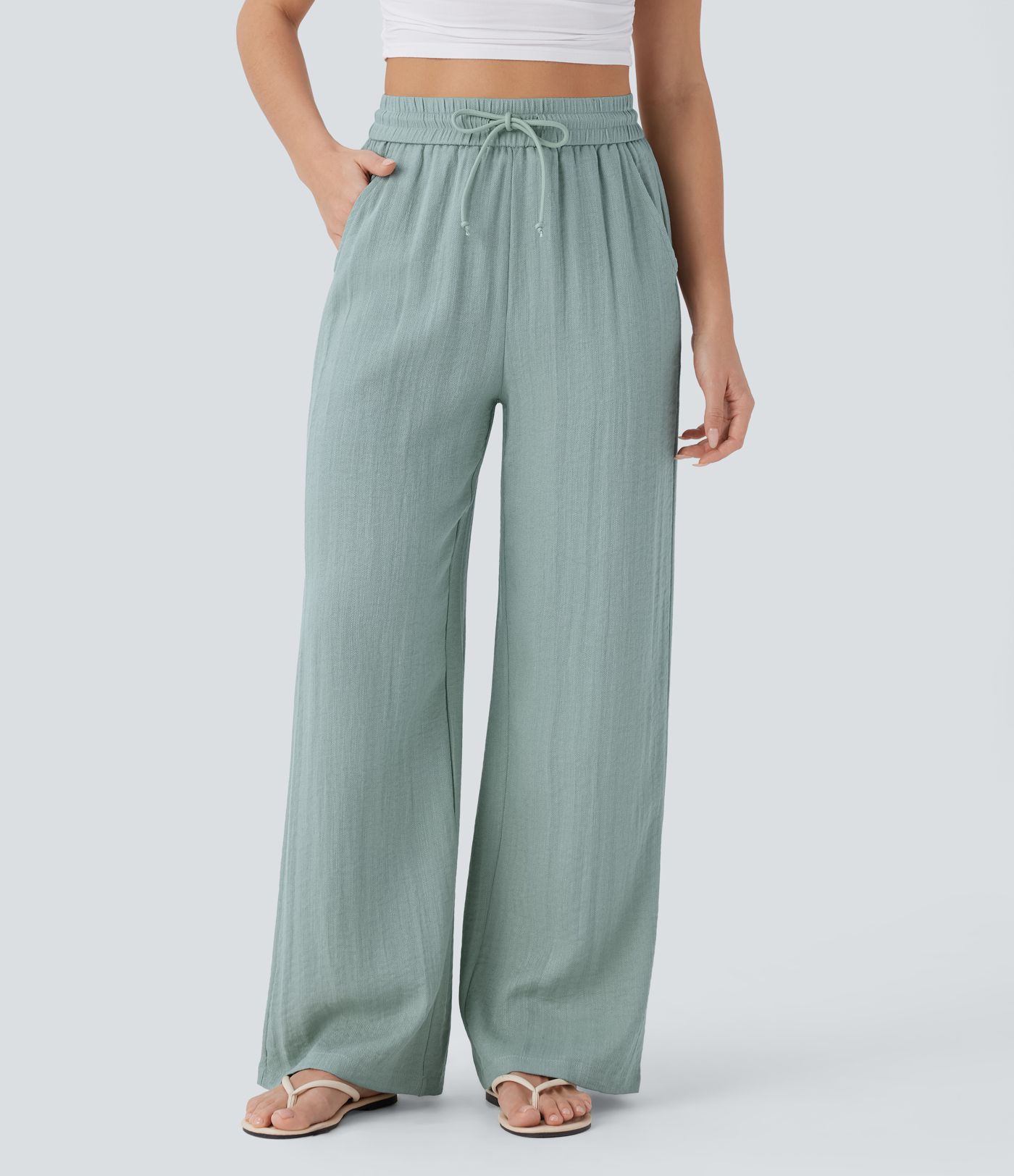 High Waisted Drawstring Side Pocket Wide Leg Casual Linen-Feel Pants