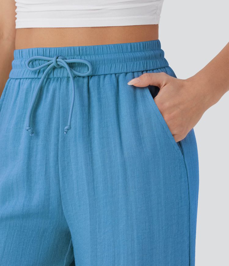 Pantalones Casuales de Cintura Alta in Cordón y Bolsillos, Estilo Lino, Pierna Ancha