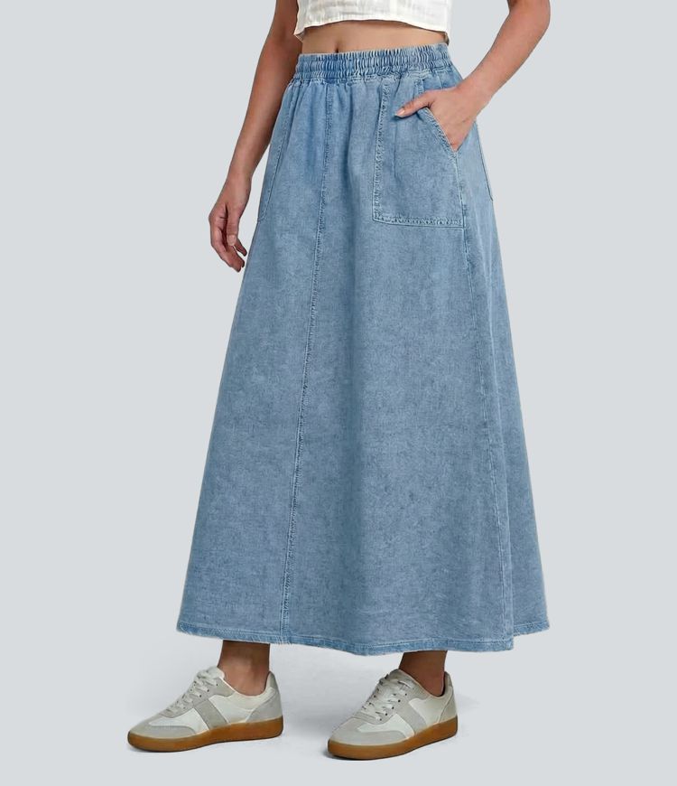 Halara Flex™ Mid Rise Maxi Denim Casual Skirt with Pockets