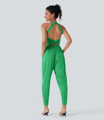 U Neck Harem Casual Jumpsuit with Pockets-Easy Peezy Edition D-F Cups