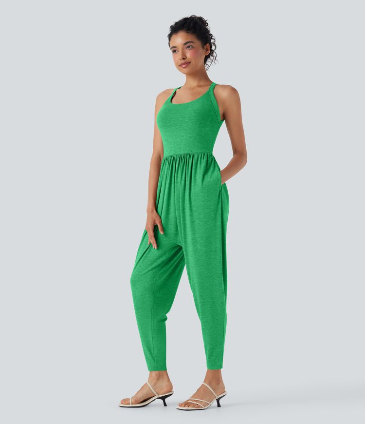 U Neck Harem Casual Jumpsuit with Pockets-Easy Peezy Edition D-F Cups