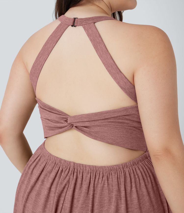 Backless Twisted 2-in-1 Resort Plus Size Romper with Pockets-Easy Peezy Edition