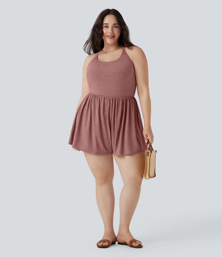 Backless Twisted 2-in-1 Resort Plus Size Romper with Pockets-Easy Peezy Edition