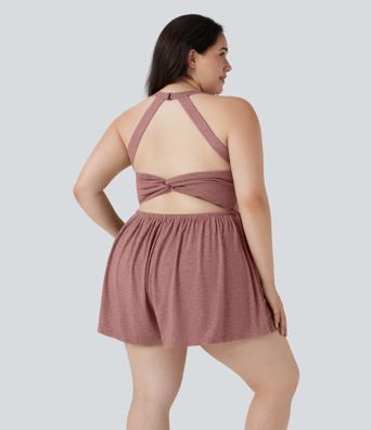 Backless Twisted 2-in-1 Resort Plus Size Romper with Pockets-Easy Peezy Edition