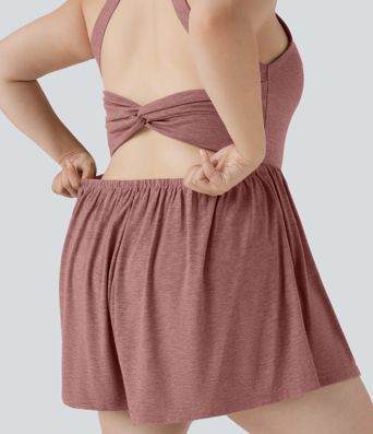 Backless Twisted 2-in-1 Resort Plus Size Romper with Pockets-Easy Peezy Edition