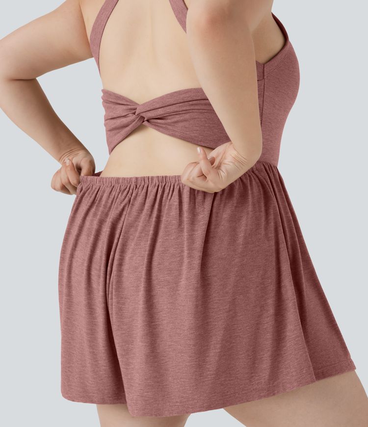 Backless Twisted 2-in-1 Resort Plus Size Romper with Pockets-Easy Peezy Edition