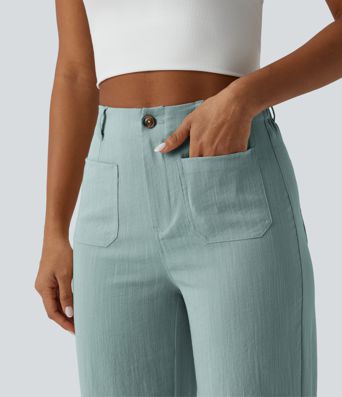 High Waisted Straight Leg Casual Linen-Feel Pants with Pockets