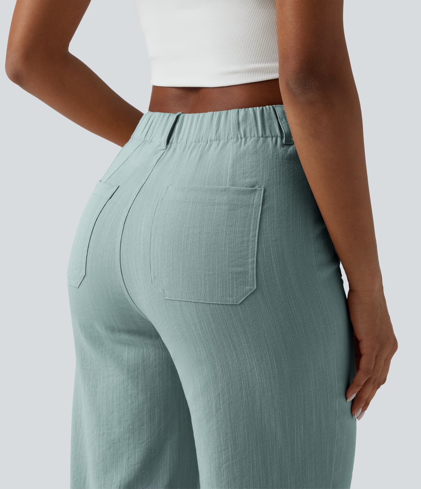 High Waisted Straight Leg Casual Linen-Feel Pants with Pockets