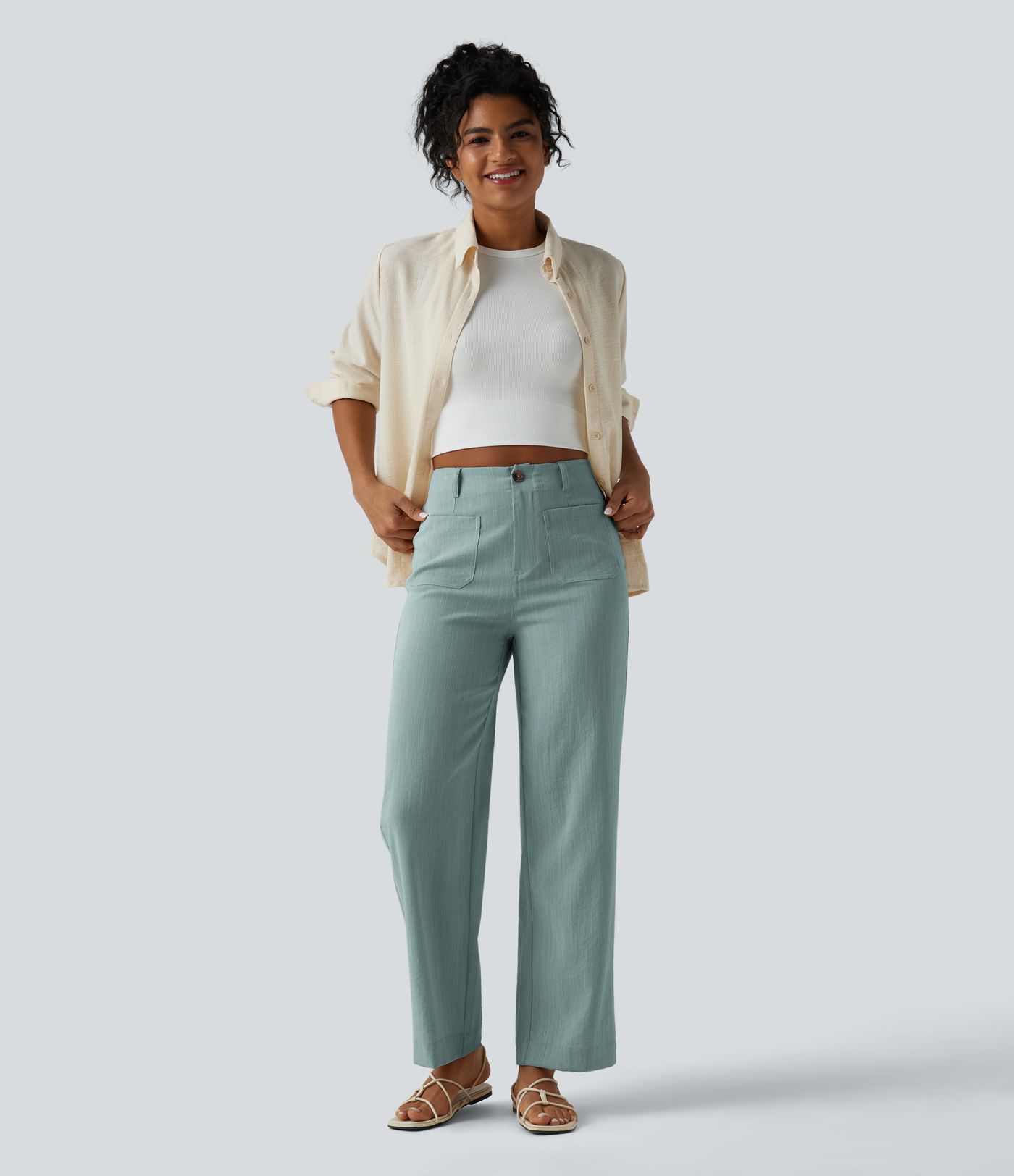High Waisted Straight Leg Casual Linen-Feel Pants with Pockets