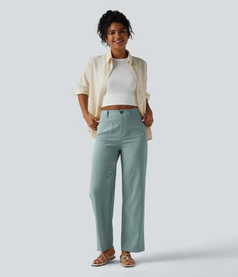 High Waisted Straight Leg Casual Linen-Feel Pants with Pockets