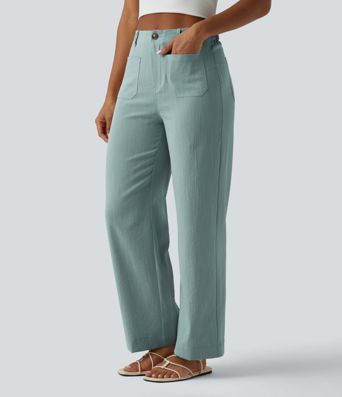 High Waisted Straight Leg Casual Linen-Feel Pants with Pockets