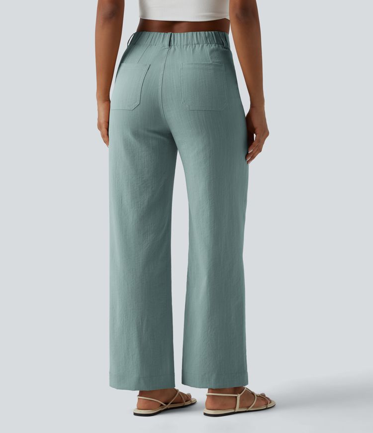 High Waisted Straight Leg Casual Linen-Feel Pants with Pockets