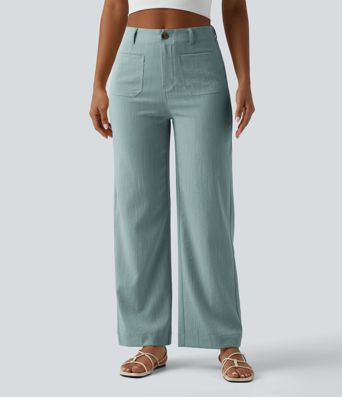 High Waisted Straight Leg Casual Linen-Feel Pants with Pockets