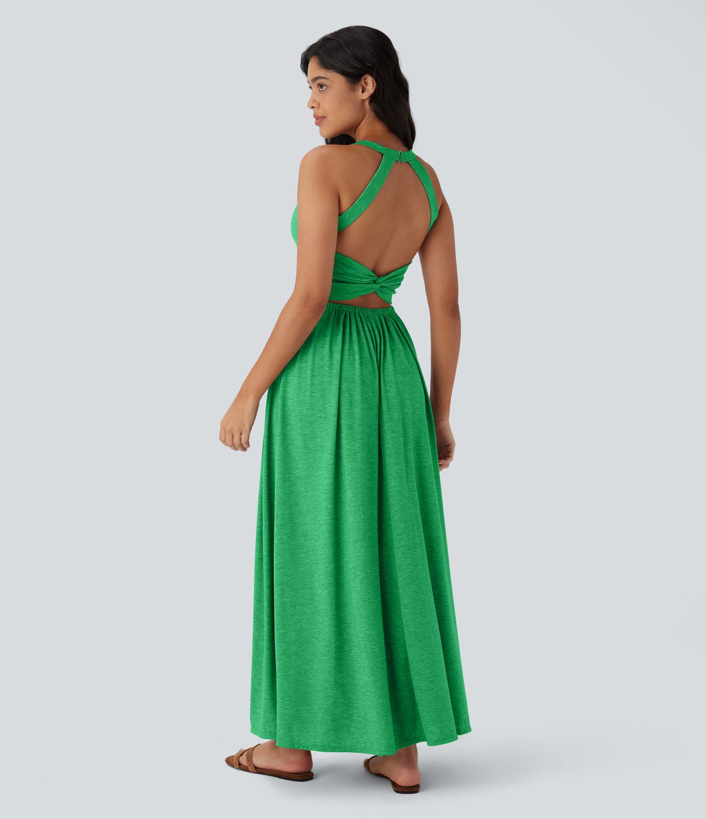 Twisted Backless Split Flowy Maxi Resort Dress with Pockets