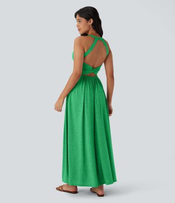 Twisted Backless Split Flowy Maxi Resort Dress with Pockets