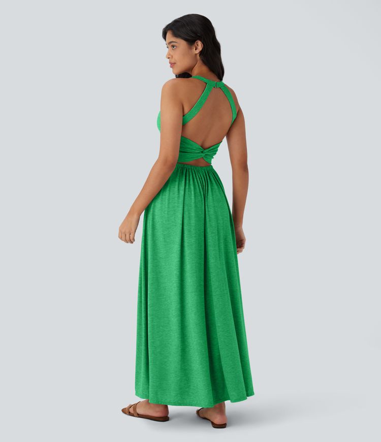 Twisted Backless Split Flowy Maxi Resort Dress with Pockets