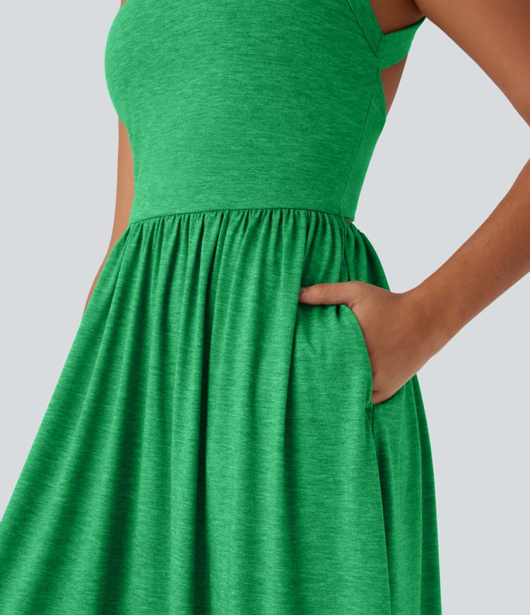 Twisted Backless Split Flowy Maxi Resort Dress with Pockets