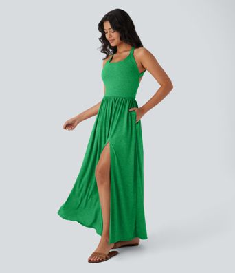 Twisted Backless Split Flowy Maxi Resort Dress with Pockets