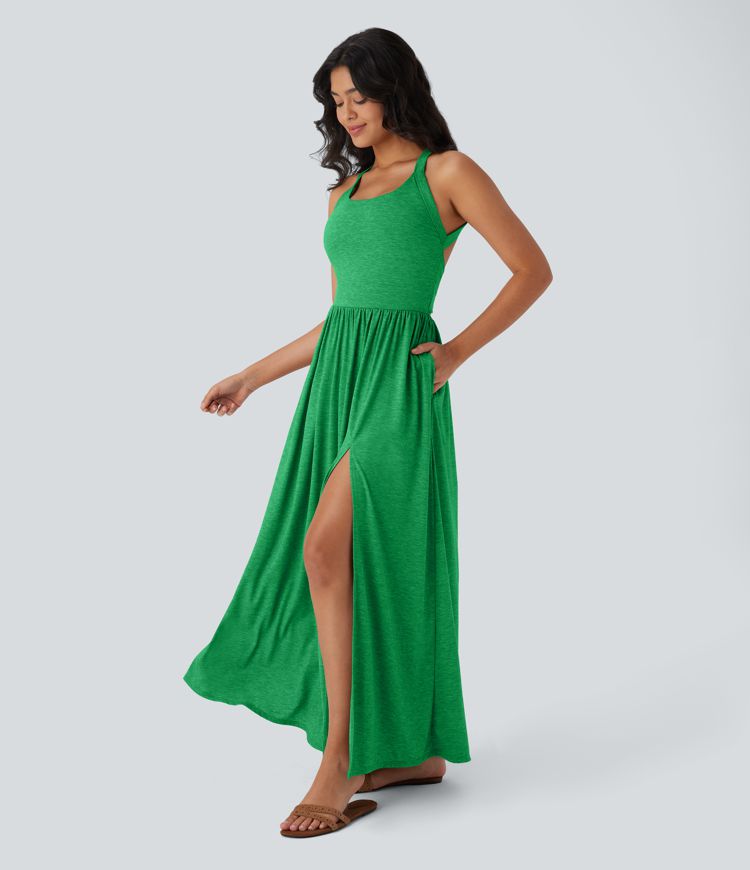 Twisted Backless Split Flowy Maxi Resort Dress with Pockets