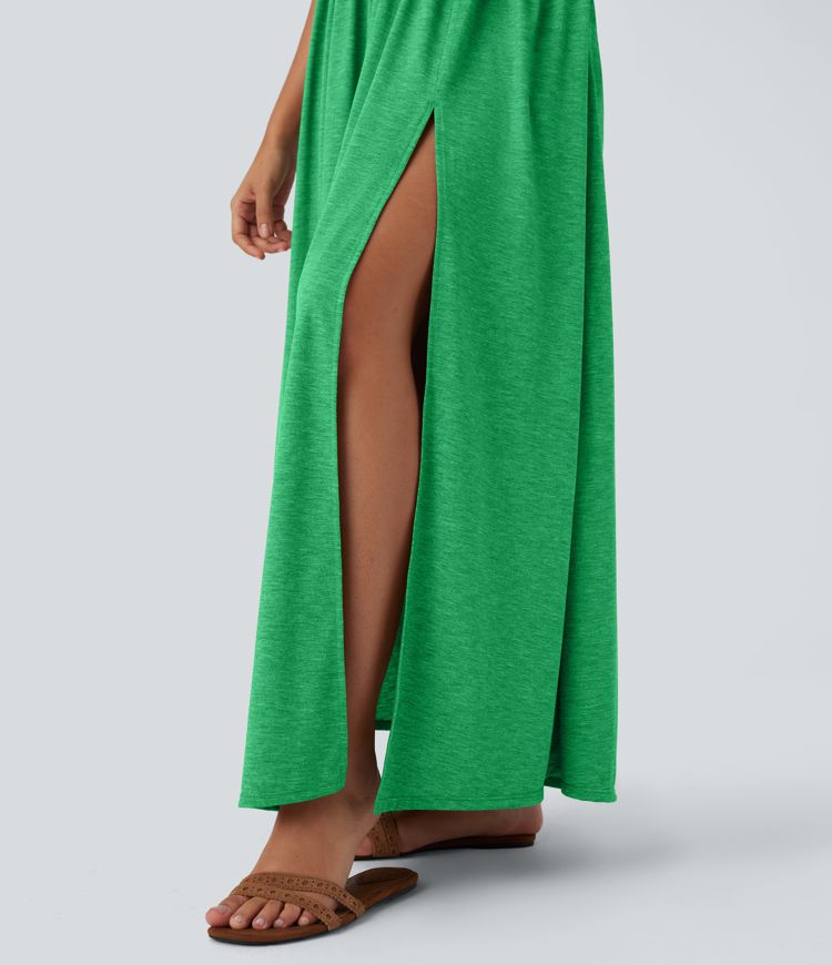 Twisted Backless Split Flowy Maxi Resort Dress with Pockets