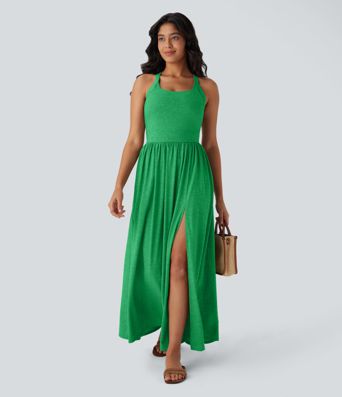 Twisted Backless Split Flowy Maxi Resort Dress with Pockets