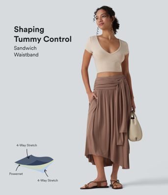 Ribbed High Waisted Tummy Control Tie-side Asymmetric Hem Midi Casual Flowy Skirt with Pockets